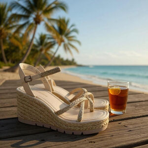 Light Beige Nude Women Espadrille Strappy Chunky Wedge Platform Sandals 9.5 M